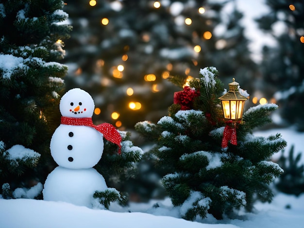 Рождественский день елочные украшения подарки звездный шар цветной снеговик фон крупным планом в снежном сосновом лесу вечернее освещение иллюстрация искусство