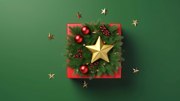 Christmas day concept top view photo of big present box green red baubles gold star ornament pine