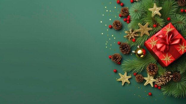 Christmas day concept top view photo of big present box green red baubles gold star ornament pine