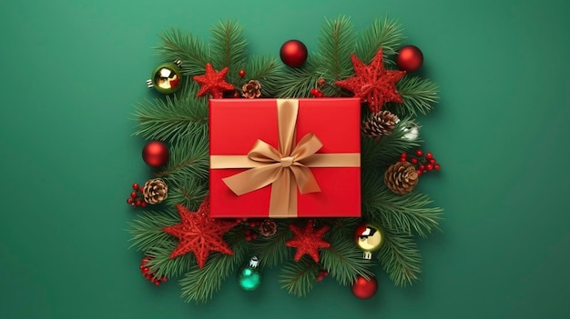 Christmas day concept top view photo of big present box green red baubles gold star ornament pine