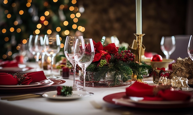 Christmas day dinner table setting christmas festive meal with red decorations