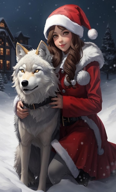 Christmas Day girl wolf snow