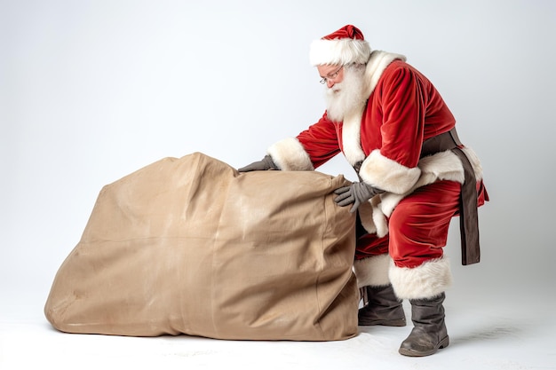 クリスマス・デー サンタクロースと巨大なバッグ 配達 クリスマス・ギフト 白い背景で孤立した アイを生成する