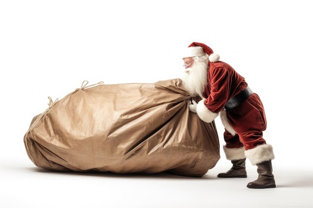Foto christmas day santa claus with a huge bag delivery christmas gifts isolated on white background generate ai