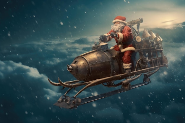 Christmas Day Santa flying in sleigh with Christmas sky Generate Ai