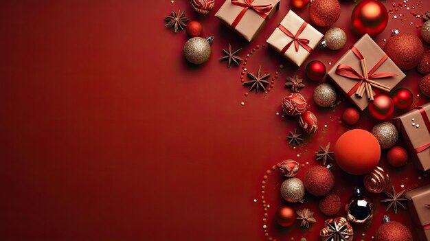 クリスマス・デー クリスマス・ギフト・ボックスと赤い背景の杉の枝のトップビュー コピースペース アイを生成する