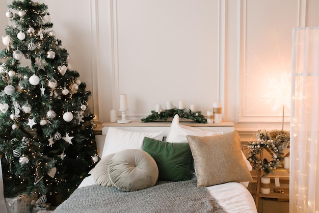 Christmas decor beautifully decorated living room with fireplace and firewood