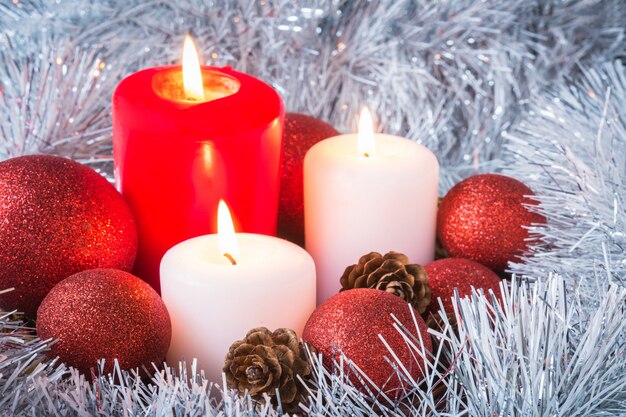 Christmas decor candles in the New Year's composition festive decoration