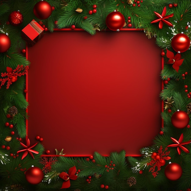 Christmas decor and fir branches on red background AI Generated