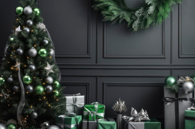 写真 単色緑色のクリスマスの装飾 エメラルドの新年の背景とコピースペース