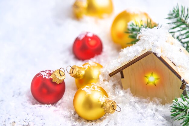 Christmas decor, new year snow house. Selective focus. Holiday.