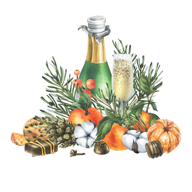 Christmas decor with tangerines champagne sweets and pine branches Watercolor illustration hand drawn For congratulations and holiday Isolated composition on a white background