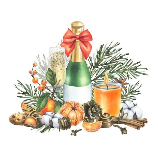 Christmas decor with tangerines champagne sweets and pine branches watercolor illustration