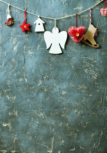 Christmas decor with wooden toys and copy space