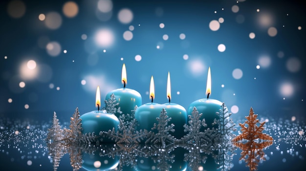 Photo christmas decorated blue candles and snowflakes crystal on blue glittering sky background winter