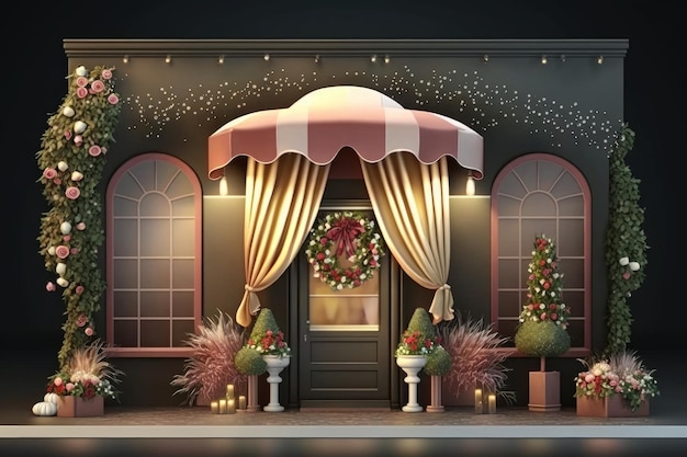 Christmas decorated entrance with awning and gift boxes Generative AI