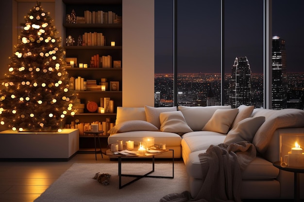 Christmas decorated evening cozy room design kamin and candle blurred light near sofa