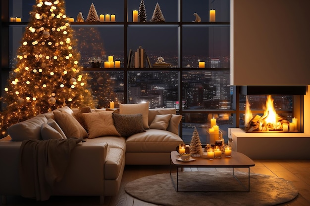 クリスマス装飾の夜の居心地の良い部屋のデザイン カミンとキャンドルのソファの近くのぼやけた光