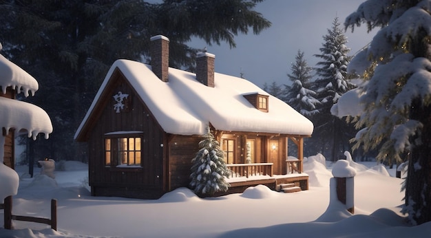 Рождественский дом, украшенный зимой, дом в снегу, Рождество, украшенное зимой.
