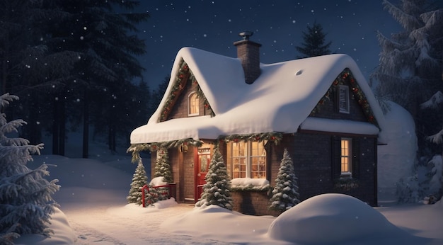 Рождественский дом, украшенный зимой, дом в снегу, Рождество, украшенное зимой.