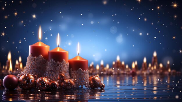 Photo christmas decorated red candles and ornaments on blue glittering sky background christmas winter