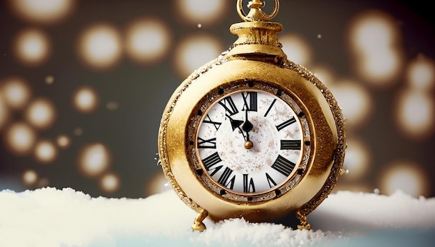 Рождественская декорация антикварные золотые часы снег винтаж генеративный Ай