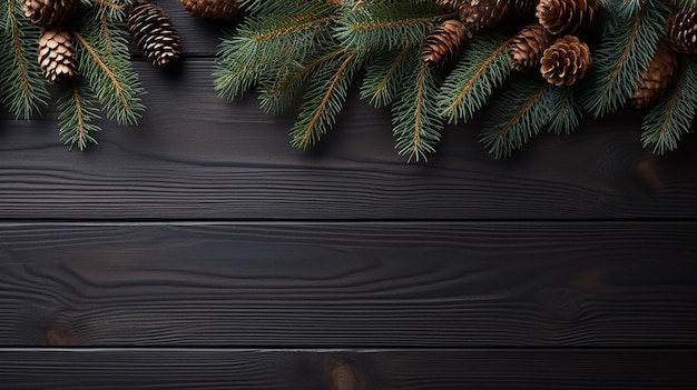 Christmas decoration background with fir tree on dark wooden table