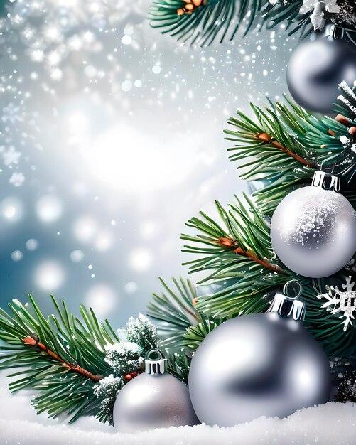 Foto sfondo di decorazione natalizia con palle di neve luccicanti e rami di abete