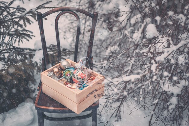 Christmas decoration balls in a wooden box