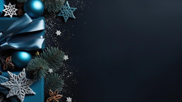 黒い背景のクリスマスの装飾 コピースペースのトップビュー