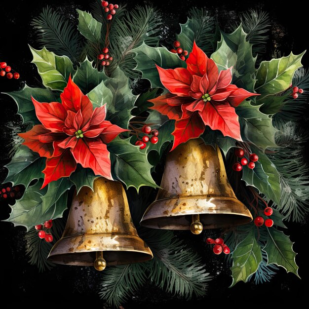 Christmas decoration on black background Traditional flower and bells at Xmas Generative AI