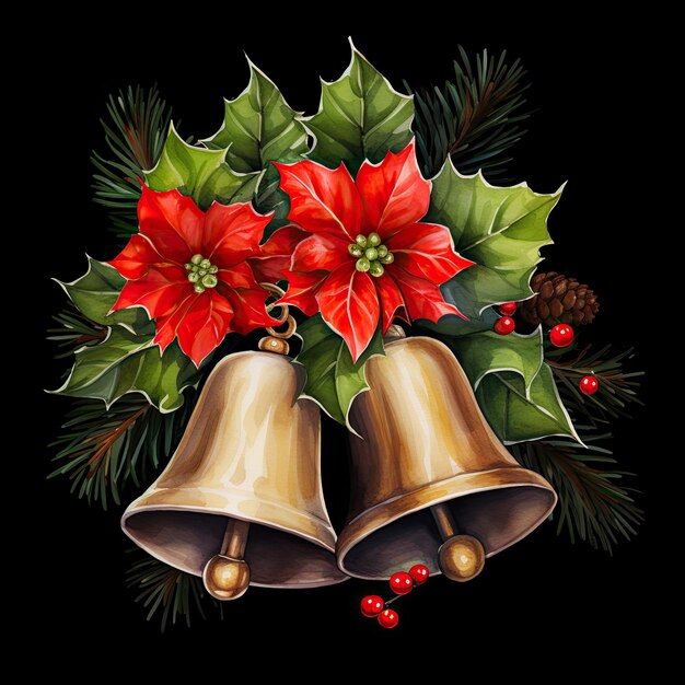 Christmas decoration on black background Traditional flower and bells at Xmas Generative AI