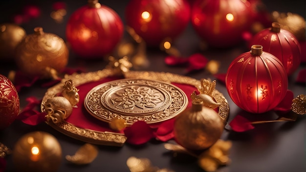 Рождественское украшение на черном фоне с красными и золотыми украшениями