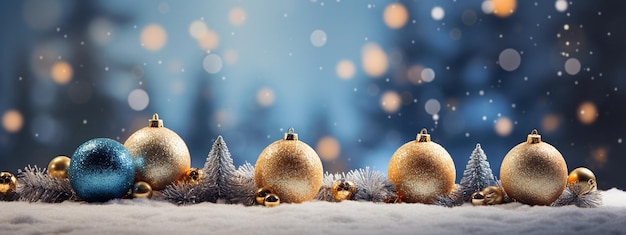 Christmas decoration on blurred golden lights background Festive banner with gold balls Copy space