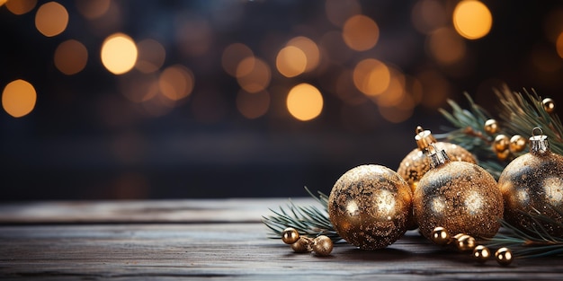 ぼやけた金色のライトの背景にクリスマスの装飾金のボールとお祝いのバナー コピー スペース