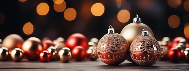 Christmas decoration on blurred lights background Festive banner with golden red balls Copy space