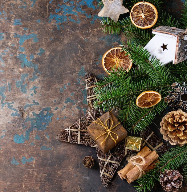 Christmas decoration card with toys and tree