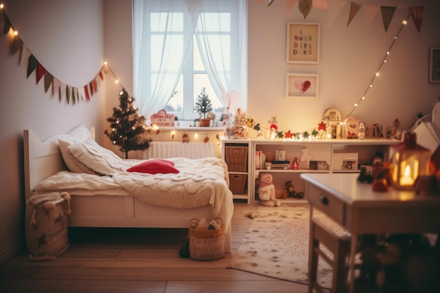 Christmas decoration in children room interior