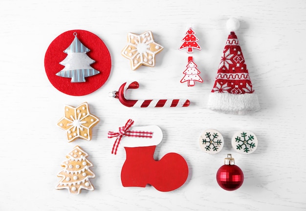 Photo christmas decoration collection on wooden table top view