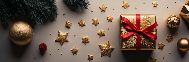 明るいゴールドの背景にクリスマスの装飾の構成 Ai 生成 Ai 生成