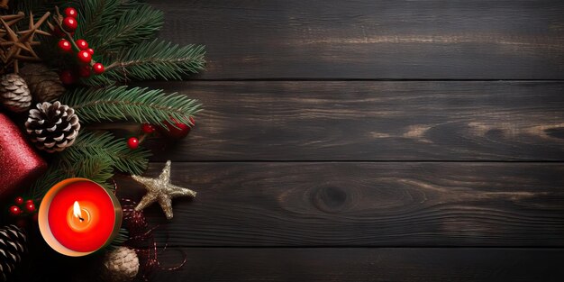 Christmas decoration on dark wooden background Top view with copy space Generative AI