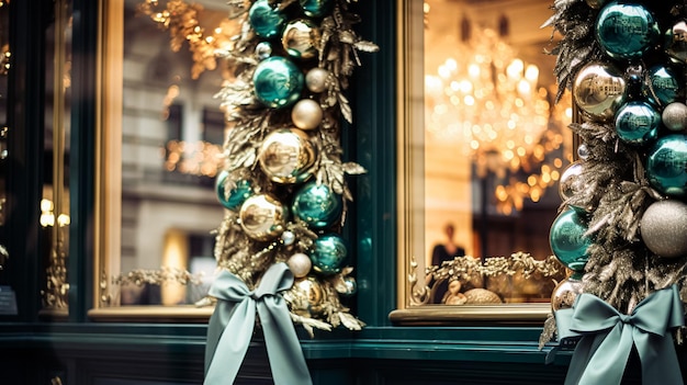 Christmas decoration details on English styled luxury high street city store door or shopping window display holiday sale and shop decor inspiration