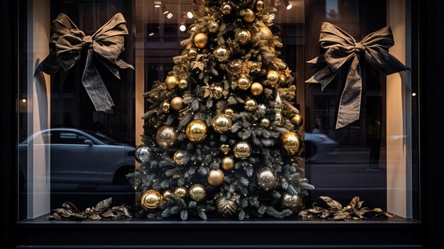 Christmas decoration details on English styled luxury high street city store door or shopping window display holiday sale and shop decor inspiration