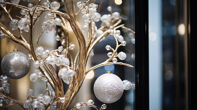 Christmas decoration details on English styled luxury high street city store door or shopping window display holiday sale and shop decor inspiration