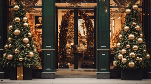 Рождественские украшения в английском стиле роскошные улицы города двери магазинов или витрины магазинов показывают праздничные продажи и украшения магазинов