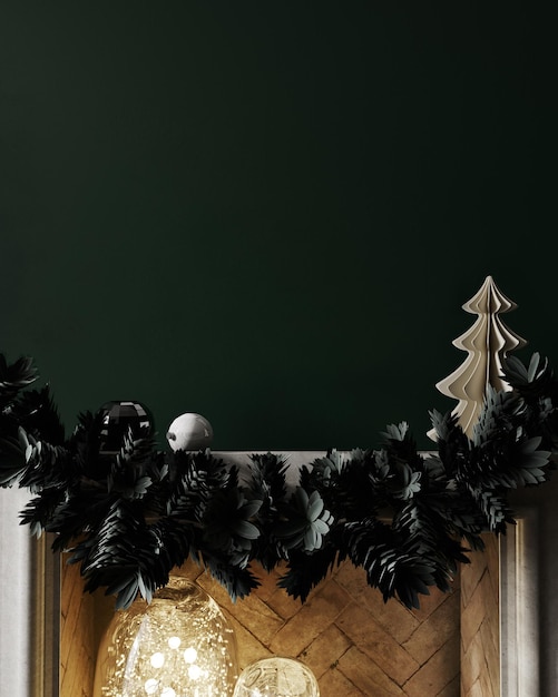 Christmas decoration on fireplace in green room interior, mockup, 3d render