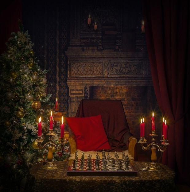 Christmas decoration of the fireplace room with Christmas trees and gifts