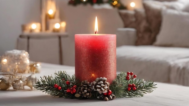 Christmas decoration frame mockup candle on a white table copy space