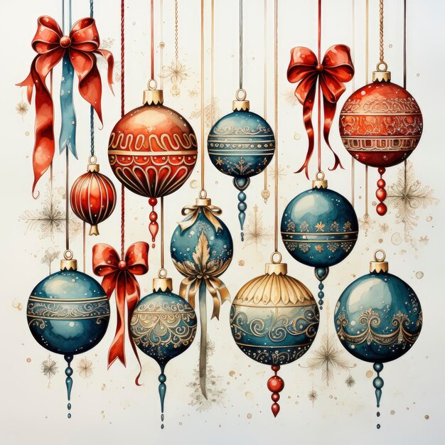 Фото Рождественские украшения, подарки и украшения, иллюстрированные акварелью на белом фоне