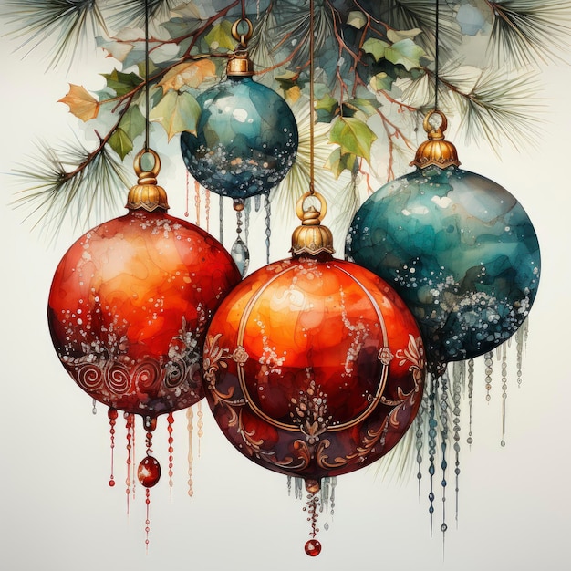 Christmas decoration gifts and ornaments illustrated in watercolor with white background